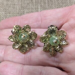 vintage Green And Goldtoned Cluster Beaded Clip On Earrings